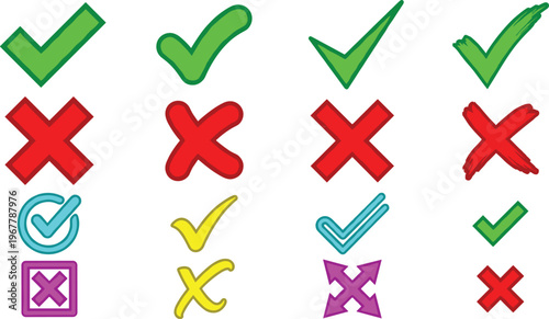 Set of colorful check mark and x icons with approval, cancel and validation symbols for forms, apps, presentations, user interface design and rating graphics