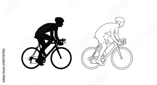 Two cyclists depicted in contrasting black and white line art styles
