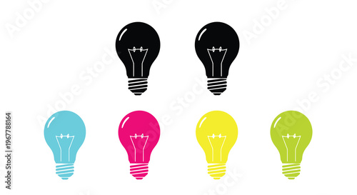 Colorful lightbulbs arranged in a row on a white background