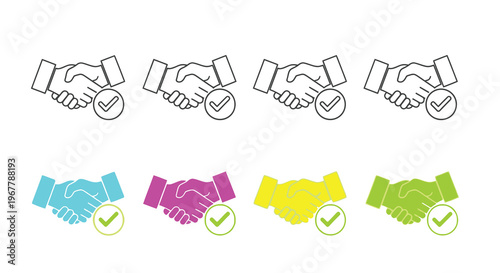 Four sets of colorful handshakes with checkmark symbols depicting agreement