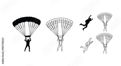 Skydivers in flight a collection of minimalist black and white illustrations