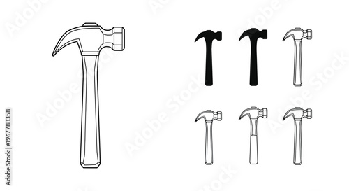 Various hammer illustrations presented in both outline and solid black styles
