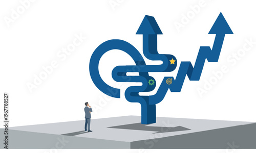 Businessman Standing Before Complex Branching Arrow Paths Making Strategic Decision for Future Growth