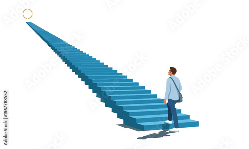 Man Carrying Shoulder Bag Walking Up Long Blue Stairs Toward North Star Compass Goal Illustration