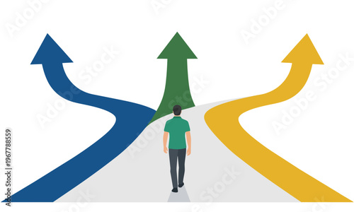 Man Standing at Crossroads of Three Different Directional Arrow Paths Choosing Future Career Way