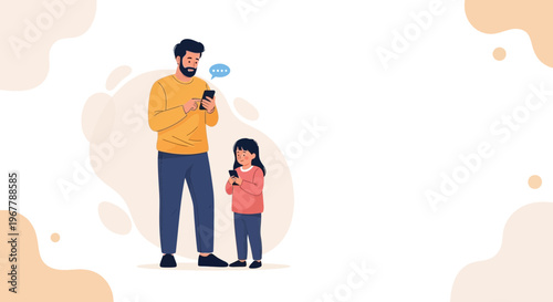 Father and Daughter Using Smartphones Together, Modern Family Communication