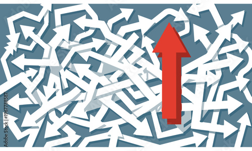 One Clear Red Upward Arrow Rising From Chaotic Sea of Tattered White Arrows Representing Focus