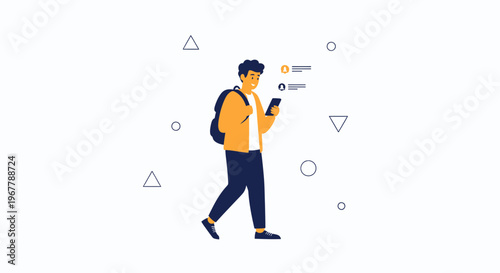 Young man walking with backpack and phone, abstract geometric shapes background
