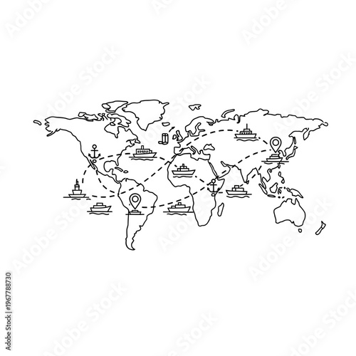 Global Maritime Network Illustration Showing Worldwide Shipping Routes and Ports