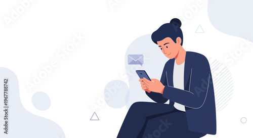 Man Using Smartphone, Receiving Message Notification, Modern Flat Illustration