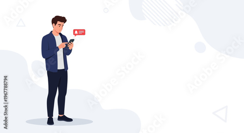 Man using smartphone with notification alert, modern abstract background