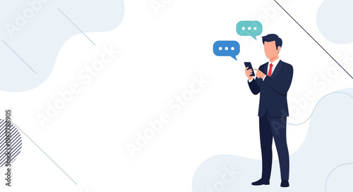 Businessman texting on phone with chat bubbles, modern abstract background