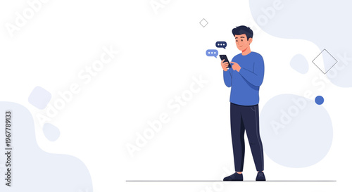 Man Texting on Smartphone with Chat Bubbles, Modern Flat Design