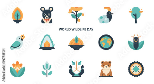 World Wildlife Day Icons: Animals, Plants, Earth, Nature Conservation Symbols