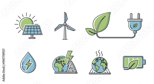 Green Energy Icons: Solar, Wind, Leaf, Plug, Water, Earth, Battery