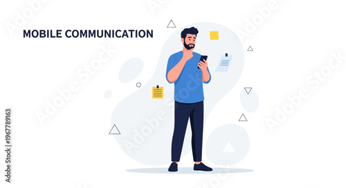 Man using smartphone for mobile communication, thinking, with sticky notes and abstract shapes