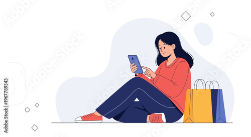 Woman using smartphone with shopping bags, online shopping concept