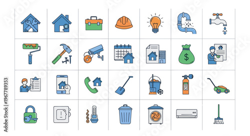 Home Renovation and Repair Icons Set: Tools, House, Construction, Finance, Services