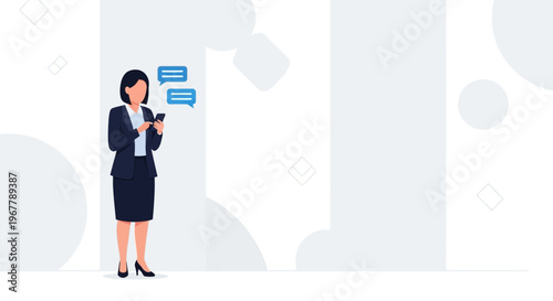 Businesswoman using smartphone for communication with chat bubbles, modern office background