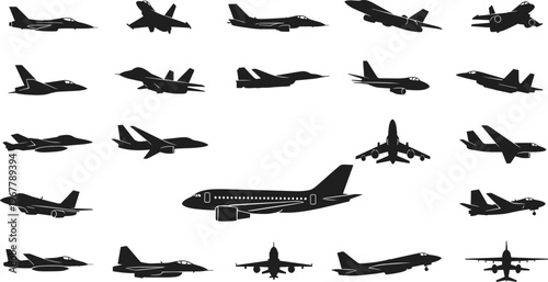 Black silhouettes of diverse aircraft including jet fighters, bombers, and passenger airplane, military aviation and commercial flight vector illustration collection