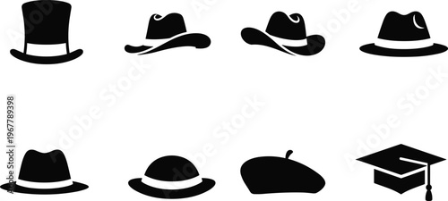 Black silhouette icons of various hat styles including top hat, cowboy, fedora, bowler, beret, and graduation cap vector illustration