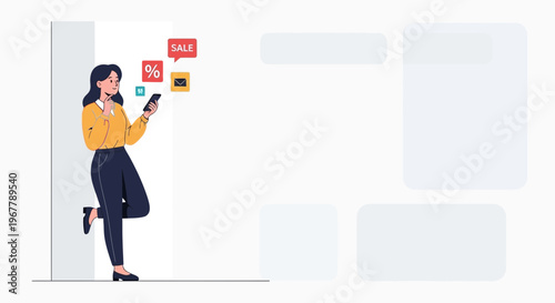 Woman checking phone for sales and discounts, online shopping concept