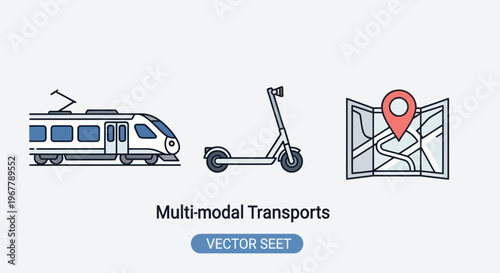Modern Multi-modal Transports: Train, Electric Scooter, Map with Pin