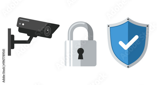 Security Icons: Surveillance Camera, Padlock, Shield with Checkmark - Safety and Protection Concept