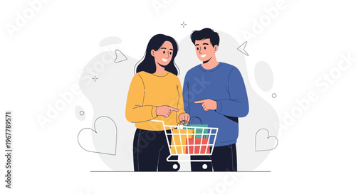 Couple Shopping Together: Happy Man and Woman with Shopping Cart
