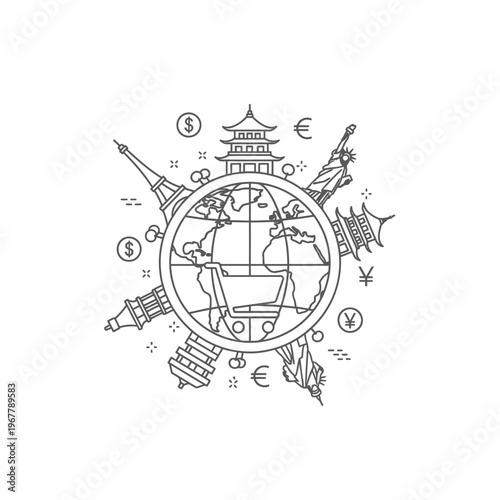 Global Shopping Cart with Traditional Landmarks and Economic Symbols in a Modern Illustration