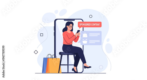 Woman Shopping Online via Smartphone with Sponsored Content Notification