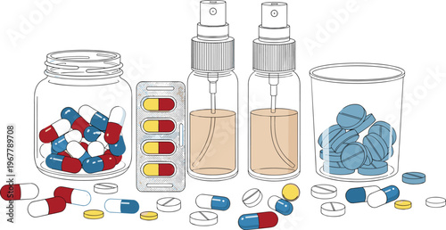 Medical medication illustration with capsules tablets blister pack spray bottles pharmaceutical healthcare concept isolated vector set detailed clean modern design