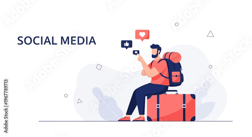 Man with backpack and suitcase using social media on the go