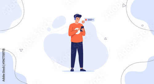 Man with headphones using smartphone, receiving notifications, modern flat illustration