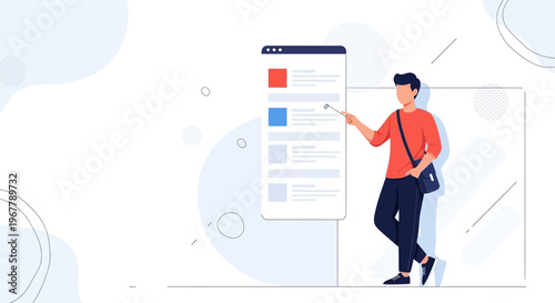 Young man interacting with a digital interface, modern flat design, education concept