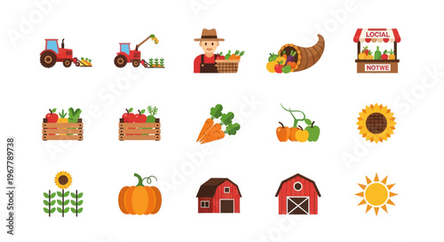 Farming Icons Set: Tractor, Farmer, Harvest, Barn, Sunflower, Pumpkin, Local Market