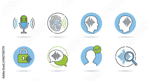 Voice Recognition Technology Icons: Microphone, Fingerprint, Audio Waveforms, Security, Chat, Search