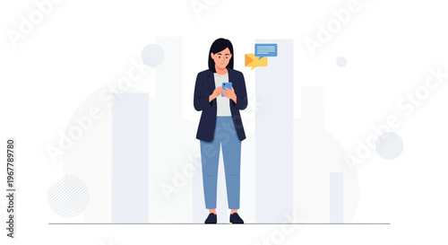 Woman using smartphone, receiving messages, modern business background