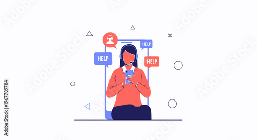 Customer Support Agent on Phone with Help Bubbles, Online Assistance Concept