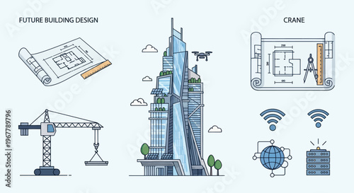 Futuristic architecture, smart city concepts, building design, construction crane, drone, blueprint
