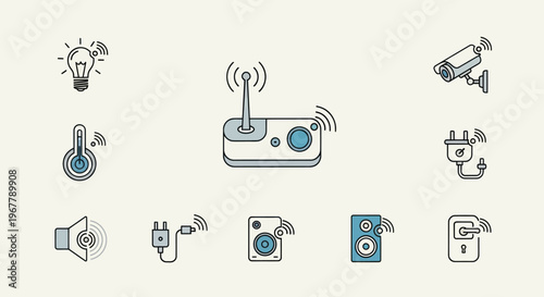 Smart Home Technology Icons: Security, Automation, Connectivity, IoT Devices