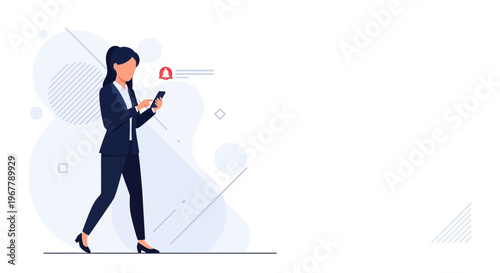 Businesswoman checking smartphone notification, modern abstract background