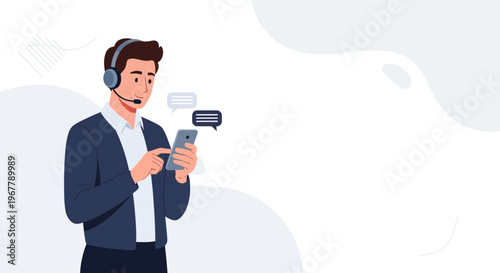 Customer service agent with headset and smartphone, communication concept