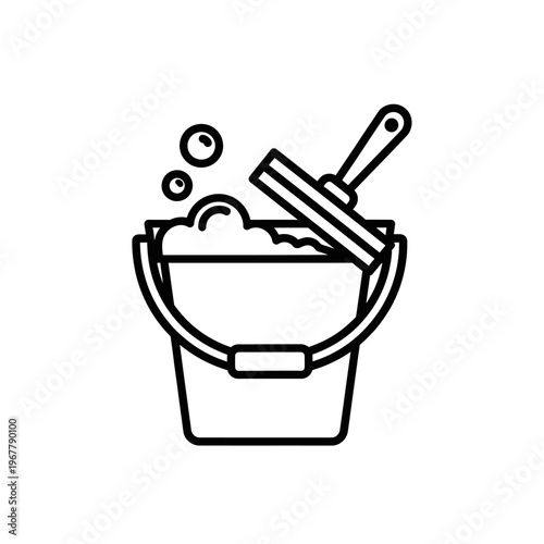 Hand Drawn Illustration of Cleaning Bucket with Soap and Brush for Household Maintenance