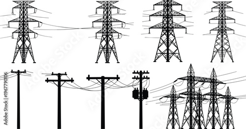 power line towers set, electricity transmission poles, high voltage pylons, utility infrastructure silhouettes, energy grid network, vector illustration, industrial electric system design