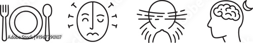 Set of Four Minimalist Line Art Icons Representing Human Cognition, Mental Process and Neurolog