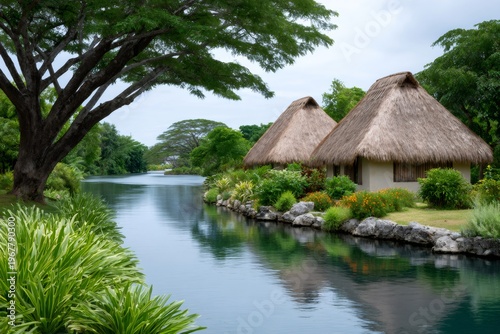 Tropical resort bungalows along calm river providing tranquil vacation