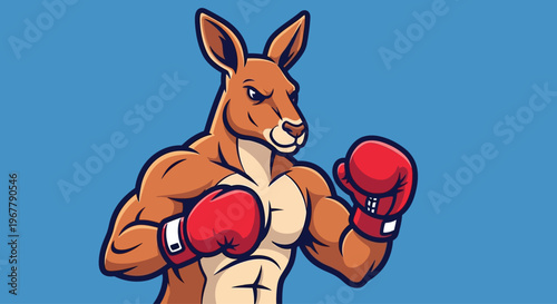 Anthropomorphic kangaroo with muscular build wearing boxing gloves in a cartoon style suitable for
