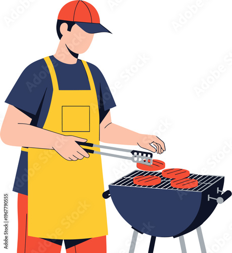 Vibrant vector illustration of a person grilling delicious burger patties on an outdoor barbecue, embodying the joy of backyard cooking and summer culinary activities