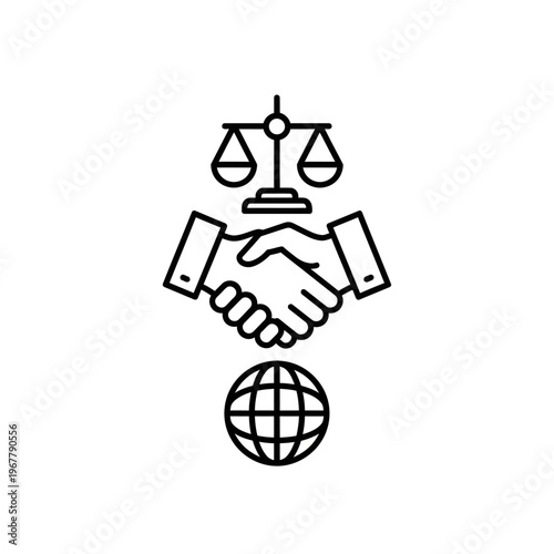 Legal Justice Handshake Illustration with Scale and Globe Symbols for Law and Ethics